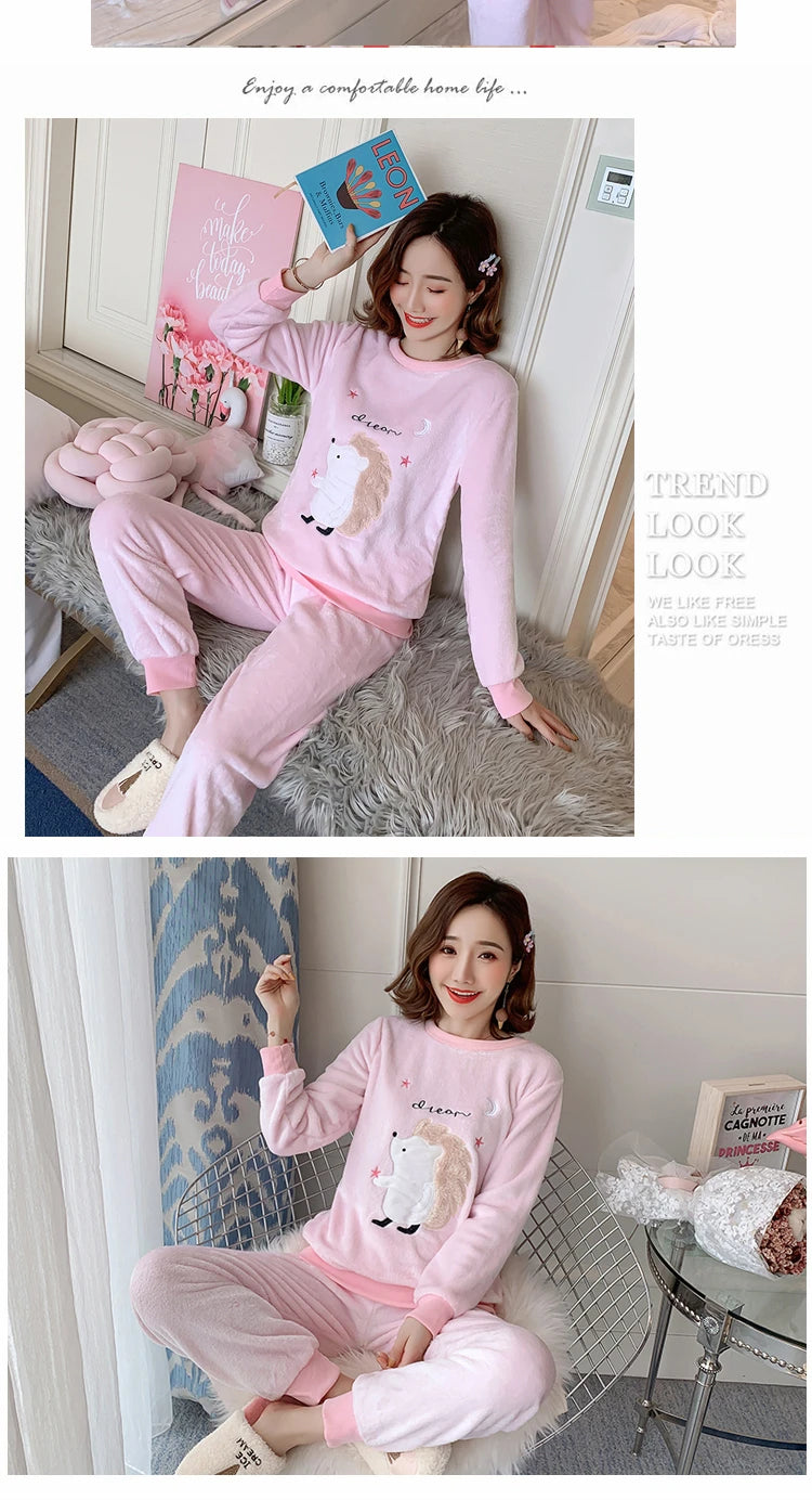 Herbst Winter neue Flanell weiche warme Frauen Pyjamas Rundhals ausschnitt Langarm Frauen zweiteilig Set niedlichen Druck Pyjama Anzug Frauen