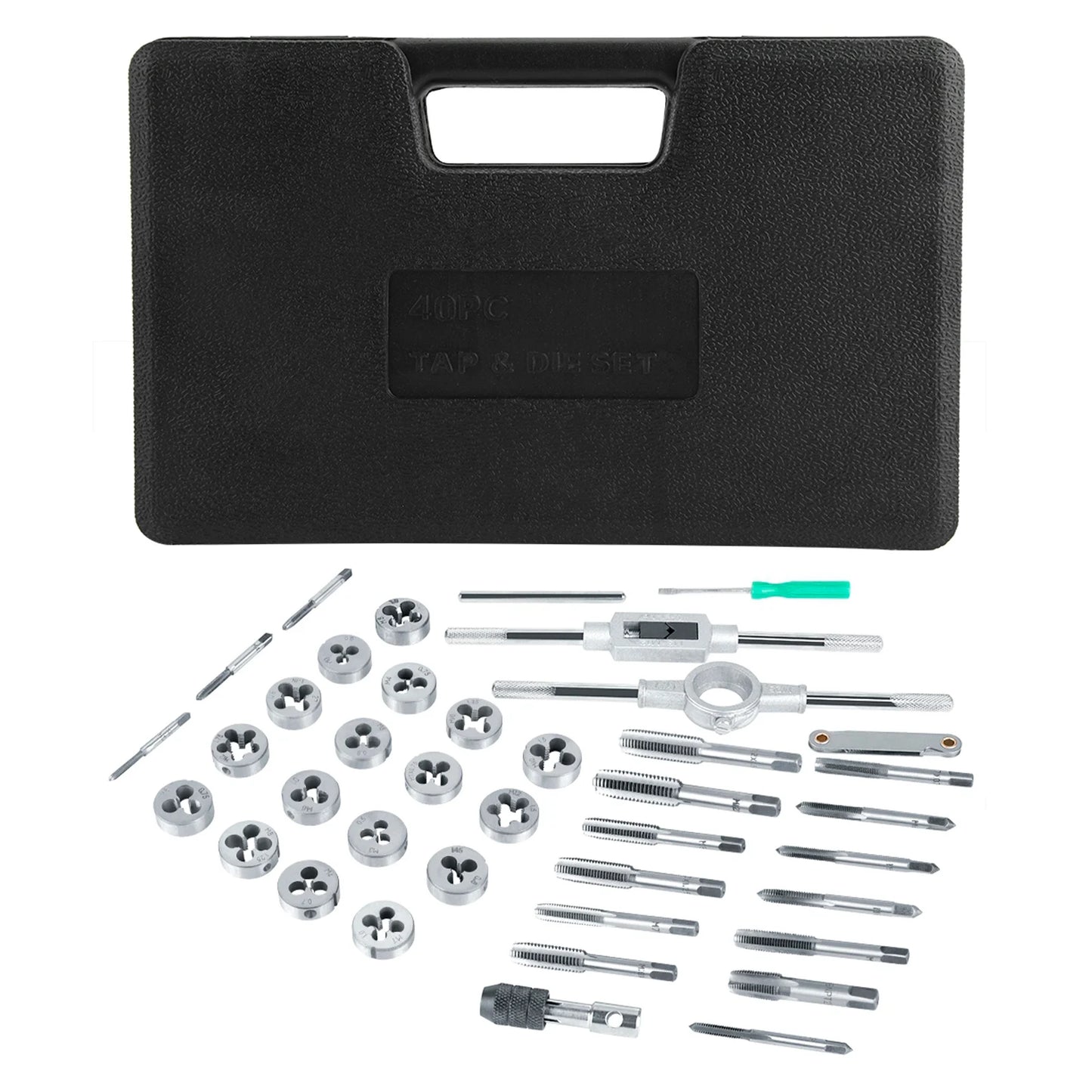 40-teiliges Gewindebohrer- und Matrizenset M3-M12 Schraubenmutter mit Schraubenschlüsseln und Gewindelehre, wärmebehandelt 45 # Stahlhähne, Matrizen aus legiertem Stahl, Handwerkzeuge