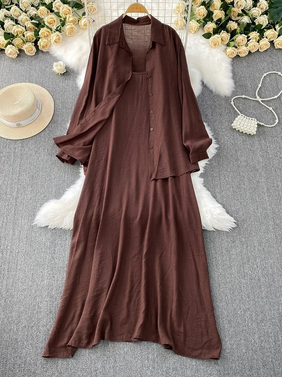 Muslim Women Shirt Dress Two Piece Set Solid Modest Suits Ramadan Musulman Ensemble Morocco Dubai Abayas Islam Outfits Jalabiya