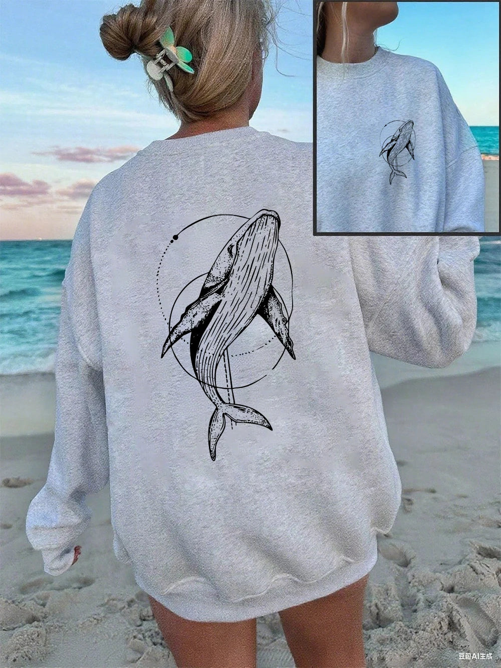 Humpback Whale Printing Sweatshirts Women Casual Crewneck Hoodies Winter Fleece Warm Pullover Loose Comfortable Womans Clothes.