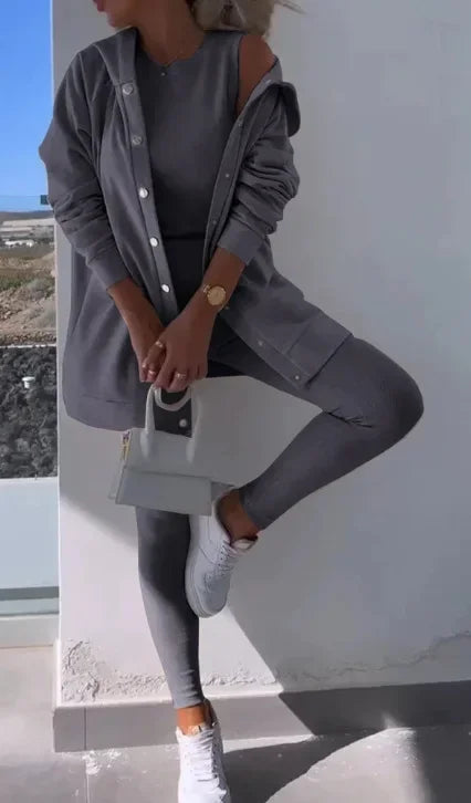 Women 3pcs Clothes Set Solid Color Sports Singel Breasted Shirt Jacket & Sleeveless Cami Tank Top & Slim Skinny Pants