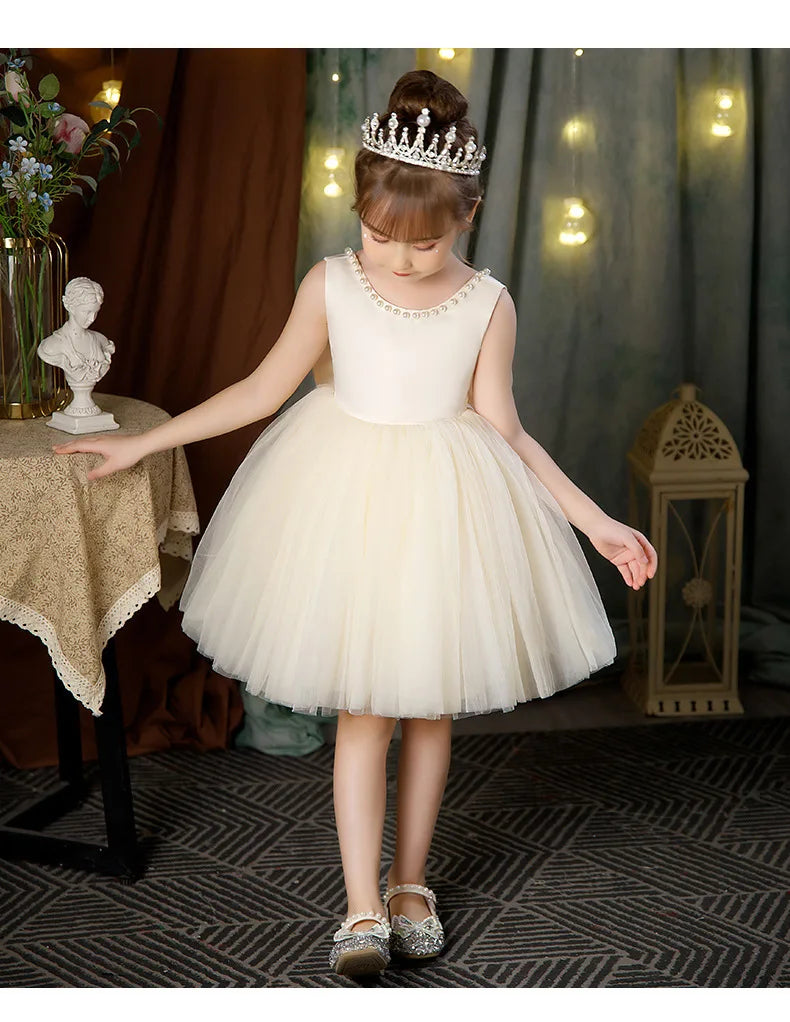 Weiße Blumenmädchenkleider für die Hochzeit, elegantes Kinder-Taufkleid und Kopfbedeckung, kurzärmelig, für Kinder, Kommunion, Geburtstagsfeier