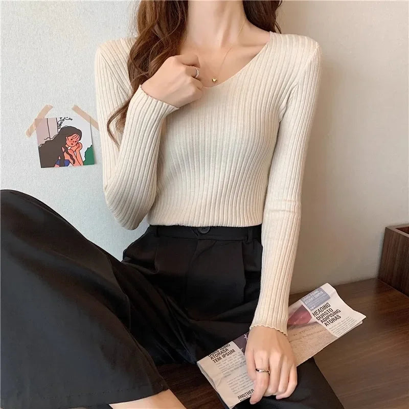 2025 einfarbig Schlank Pullover Koreanische Herbst Winter V-ausschnitt Pullover Mode Lässig Langarm Gestrickte Pullover Frauen Kleidung