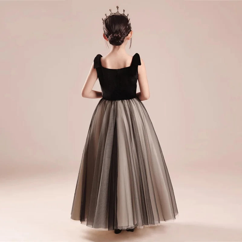 Kinderkleid Mädchen Mode Klavier Violine Performance Kleid Schwarz Samt Mesh Host Chor