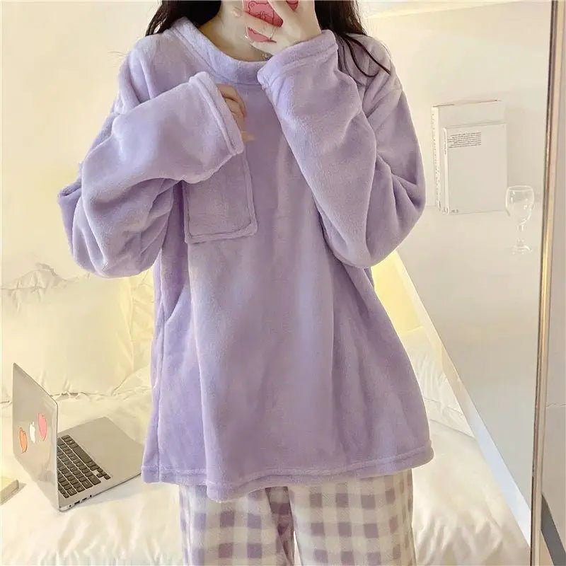 Fleece-Pyjama-Set für Damen, dick, warm, Winter-Nachtwäsche, lässig, solides Oberteil und karierte Hose, weiches Pyjama-Set für Damen, Heimanzug