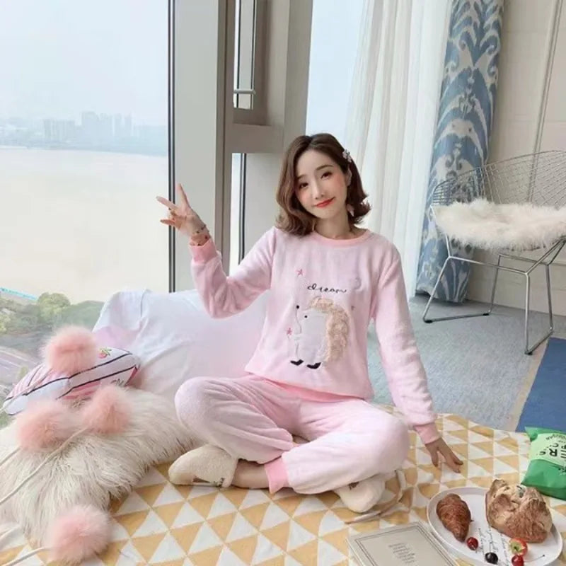 Herbst Winter neue Flanell weiche warme Frauen Pyjamas Rundhals ausschnitt Langarm Frauen zweiteilig Set niedlichen Druck Pyjama Anzug Frauen