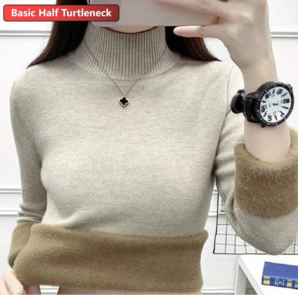Pullover Für Frauen Winter Verdicken Rollkragen Schlank Stricken Pullover Neue Warme Plüsch Samt Gefüttert Strickwaren Jumper Tops Casual Poleras