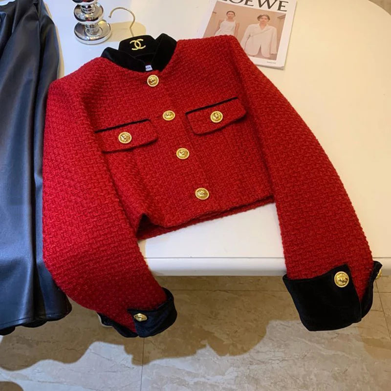 Mode Nähen Tweed Kurze Jacke Frauen Herbst Winter Elegante Büro Dame Mantel Y2K Koreanische O Neck Einreiher Crop Outwear
