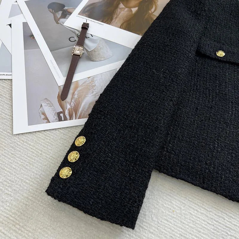 Schwarz Tweed Jacken Frauen Koreanische Mode Metall Schnalle Design Kurze Mäntel Frau Herbst Winter Einreiher Oansatz Oberbekleidung