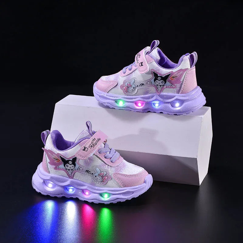 Kids'Casual Shoes Girls Led Light Cartoon PU Leather Spring Fashion Flat Bottom Anti-slip Soft Bottom Pink Purple Size 21-30.