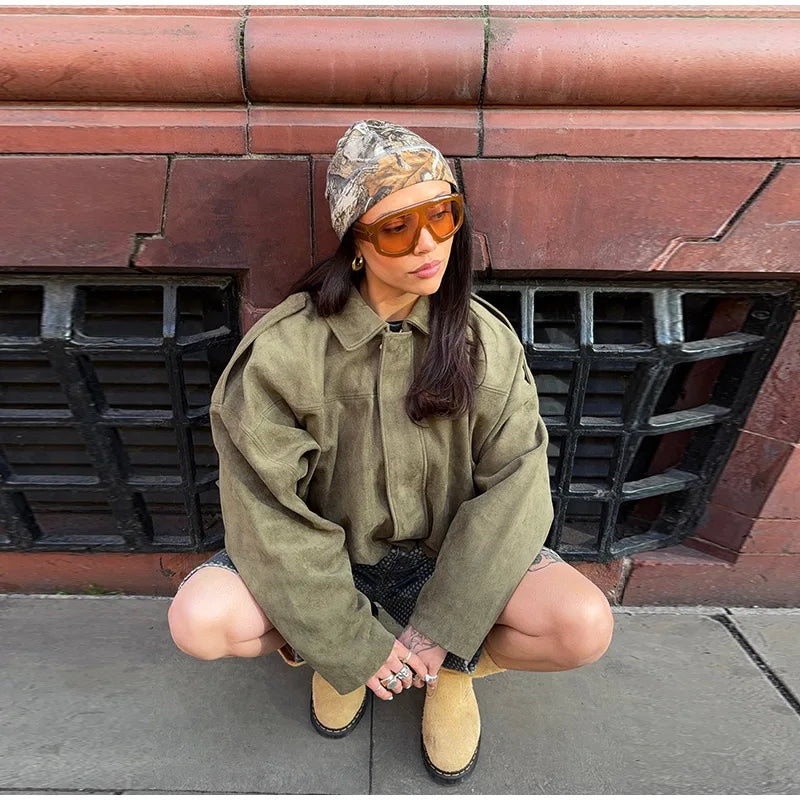 2025 herbst frauen Grün Wildleder Jacke Lose Revers Zipper Langarm Taschen Bomber Mantel Neue Mode Dame Dicke Streetwear