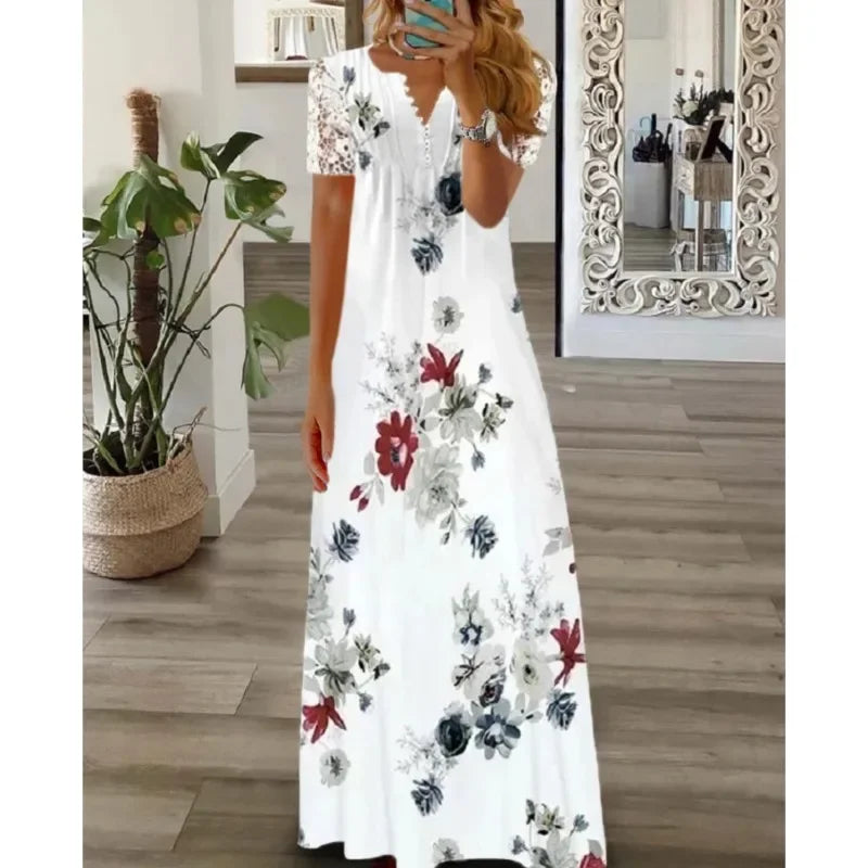 Frühjahr/Sommer Mode frauen Kurzarm Gedruckt Spitze Kleider Elegante frauen Weiß V-ausschnitt Slim Fit Party Lange vestidos