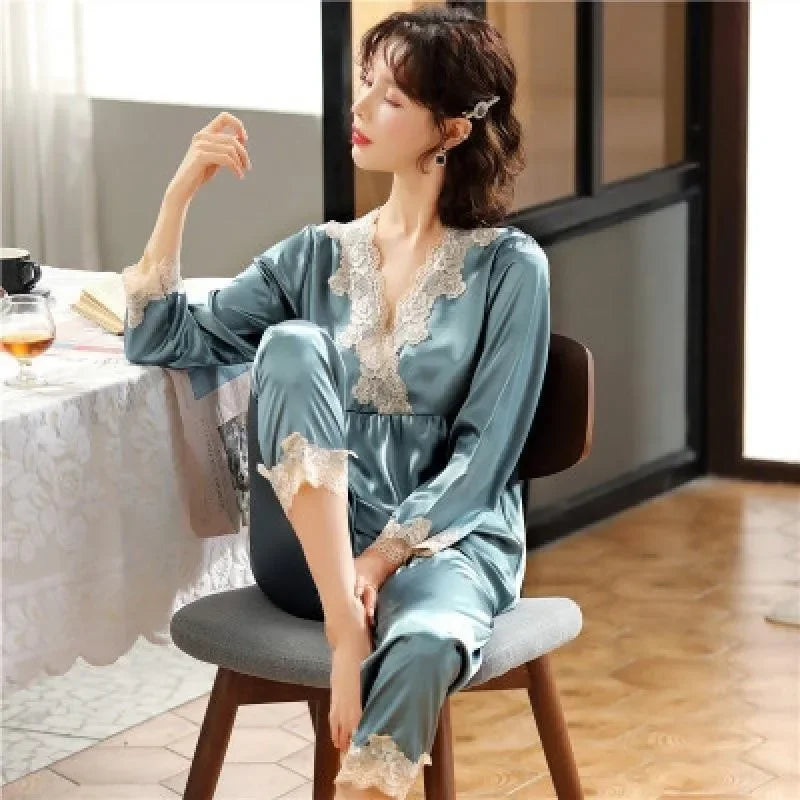 Mädchen-Pyjama aus Kunst-Eisseide, langärmliges Damen-Pyjama aus grüner Spitze mit Premium-Feeling, zweiteiliges Set süßer Loungewear, liebeblauer Stoff.