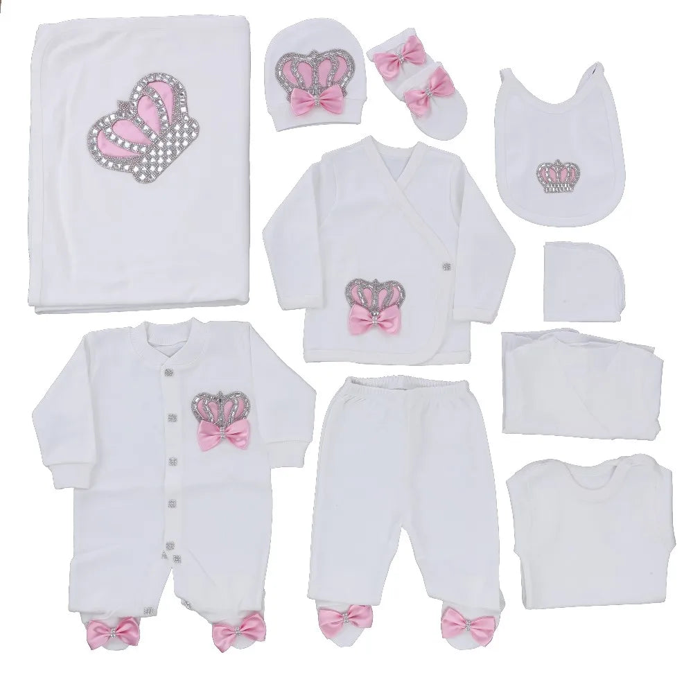 10-teiliges blaues 100 % Baumwollgewebe, gestrickt, Großhandel, individuell gestaltet, Neugeborene, neues Design, Winterkleidung, Kleidung, Luxus-Baby-Strampler-Set