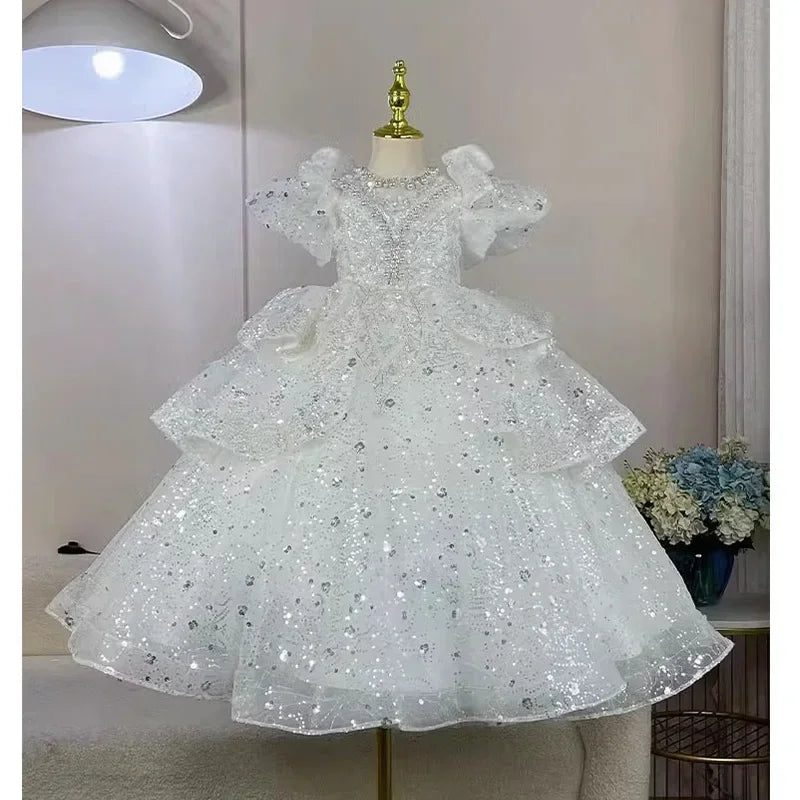 2025, Kinderkleid, Performance-Outfit, Mädchen, Blumen-Pailletten, geschwollenes Kleid, rote Partykleidung, Kinder, Mädchen, Geburtstag, Prinzessinnenkleider, glitzernd