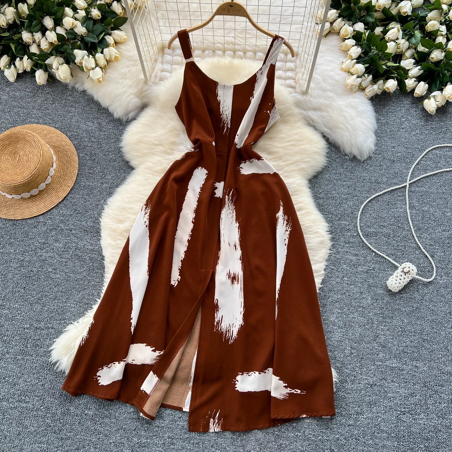 Neue Sommer Druck Süße Kleid Träger O Neck Backless Split Elegante Damen Urlaub Strand Party Midi Sommerkleid