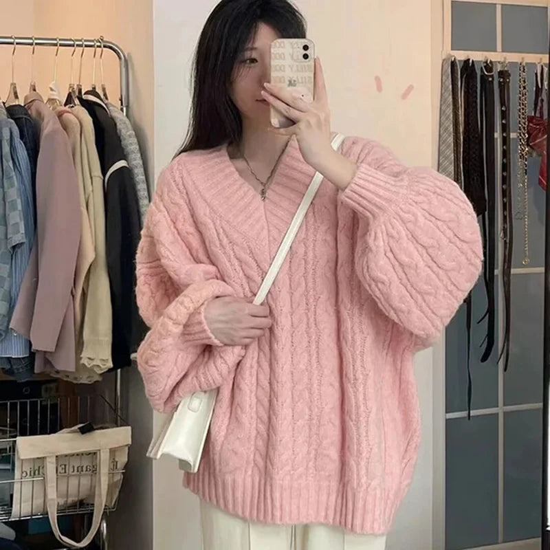 Herbst Winter Frauen Pullover Harajuku Übergroßen Gestrickte Pullover Koreanische Langarm V-ausschnitt Strickwaren Preppy Solide Lose Jumper