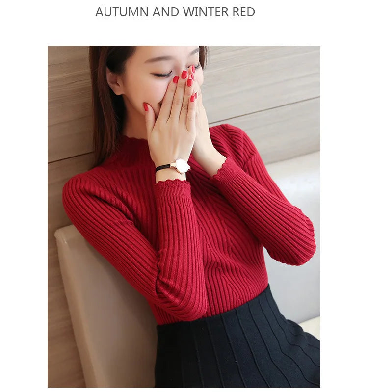 2025 herbst Frauen Mock Neck Rüschen Pullover Langarm Gestrickte Bodenbildung Solide Pullover Streifen Frauen Casual Pullover Winter
