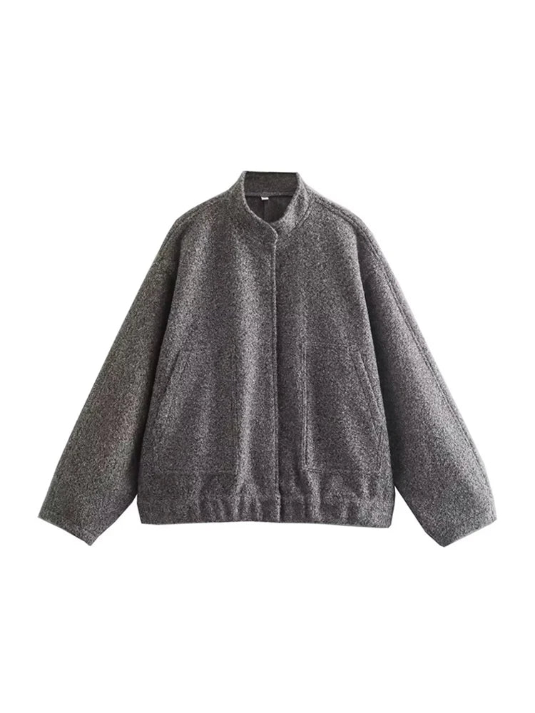 TRZA Frauen Mode Mit Taschen Übergroßen Bomber Jacke Mantel Vintage Langarm Druckknopf Weibliche Oberbekleidung Chic Tops