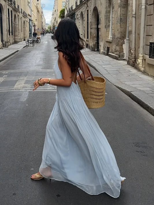 Sexy frauen Einfarbig Gefaltete Lange Kleid Elegante Ärmellose Hosenträger Backless Slim Fit Kleider Strand Party frauen Robe.