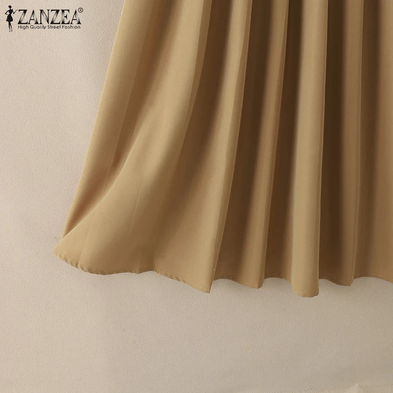 ZANZEA Elegante Frauen Plissee Midi Kleider Ausgestattet Taille Ärmel Solide Party Vestidos 2025, Sommer O Neck Pendeln Roben Femme