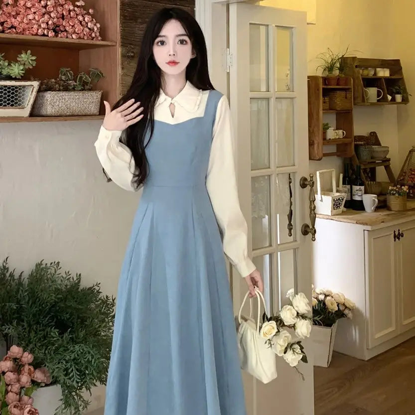 Solide Patchwork Vierkant hals Langarm gefälschte zweiteilige Kleider elegante Mode Harajuku weibliche Kleidung lässig alle Match Rock