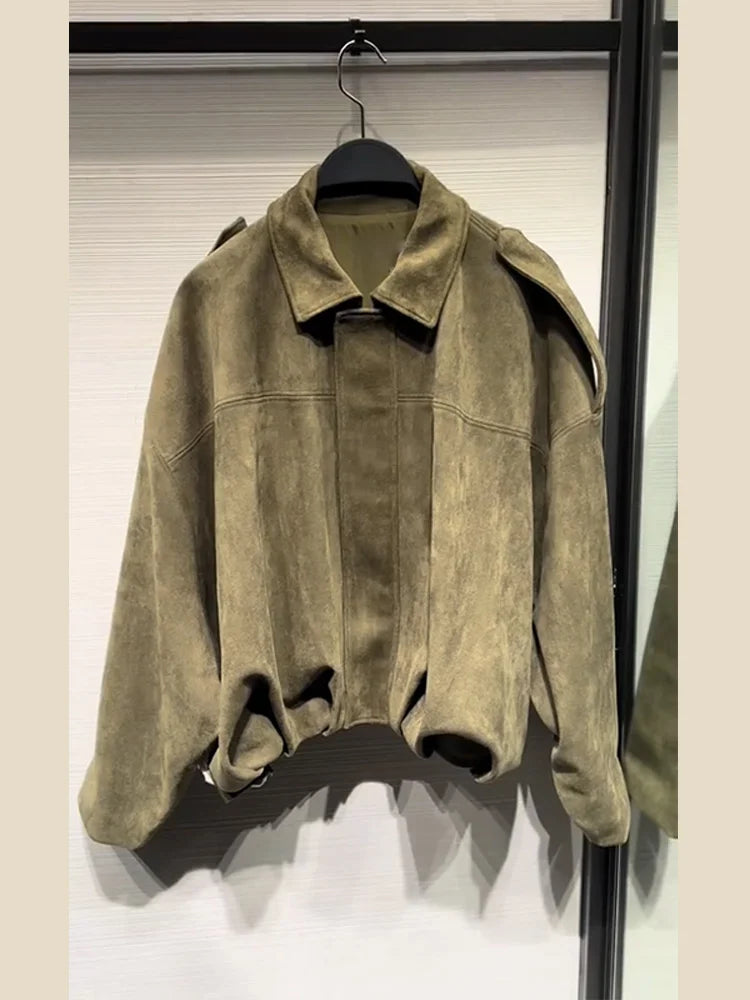 2025 herbst frauen Grün Wildleder Jacke Lose Revers Zipper Langarm Taschen Bomber Mantel Neue Mode Dame Dicke Streetwear