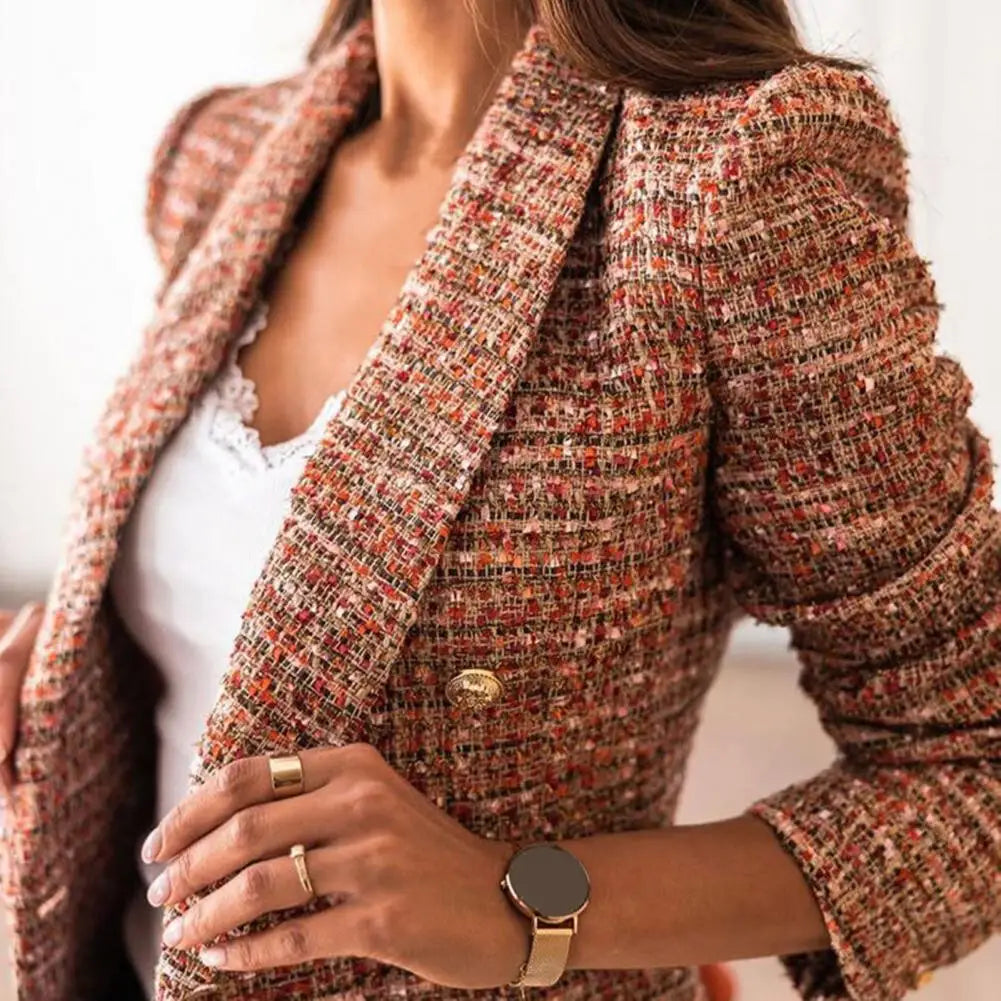 Frauen Herbst Blazer Revers Strickjacke Lange Ärmeln Doppel-breasted Slim Fit Warm Lässige Dick Plaid Print Lady Mantel für arbeit Jacke