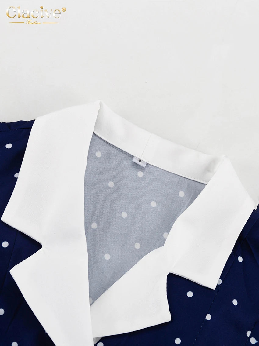 Clacive Mode Lose Druck Frauen Kleid 2025, Casual Revers Langarm Büro Dame Midi Kleider Elegante Klassische Gürtel Weibliche Kleid