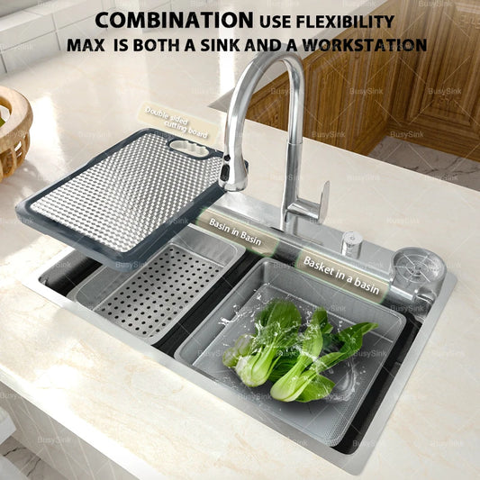 Silberne Küchenspüle aus Edelstahl 304, großer Einzelschlitz, Unterbau-Multifunktions-Geschirrspülbecken, 31,5 x 18,9 Zoll