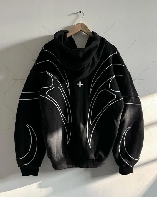 Striped splicing embroidery oversized hoodie American new clothing high street trend brand double zipper black zipper sweatshirt.