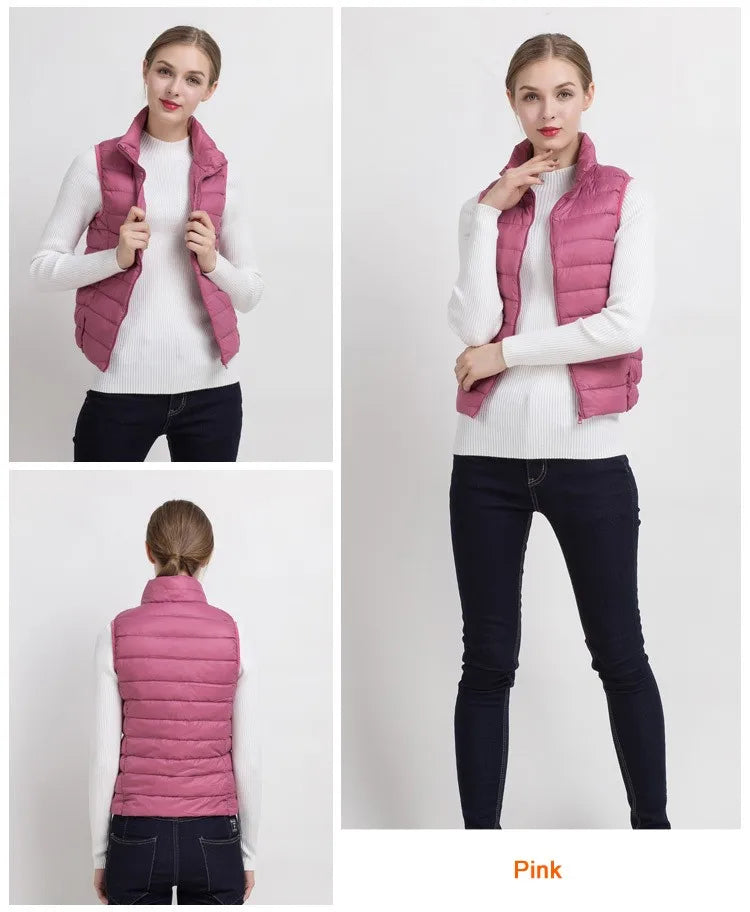 0-10 ℃ Frauen Westen Herbst Winter Ultra Licht Ente Unten Weste Weibliche Dünne Ärmellose Jacke Winddicht Warme Puffer Weste 4XL