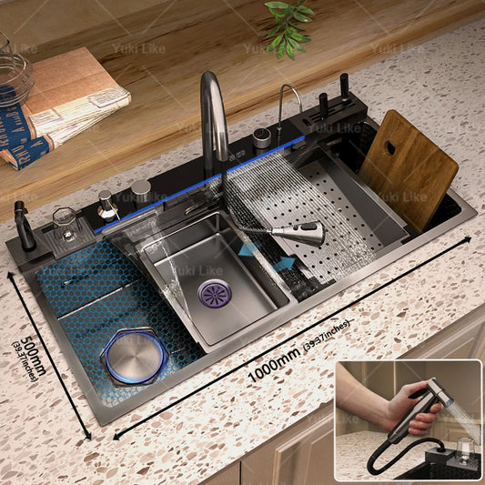 New Stainless Steel Waterfall Kitchen Sink Large Single Slot Many Different Styles of Sinks Multifunctional Wash Bowl