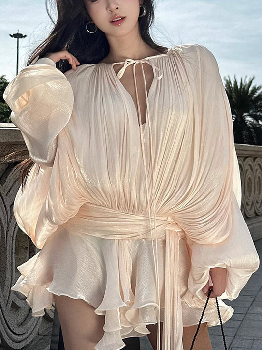 GALCAUR Solide Lose Splicd Lace Up Kleider Für Frauen V-ausschnitt Mit Langen Ärmeln Patchwork Rüschen Tunika Kleider Weibliche Mode Neue.