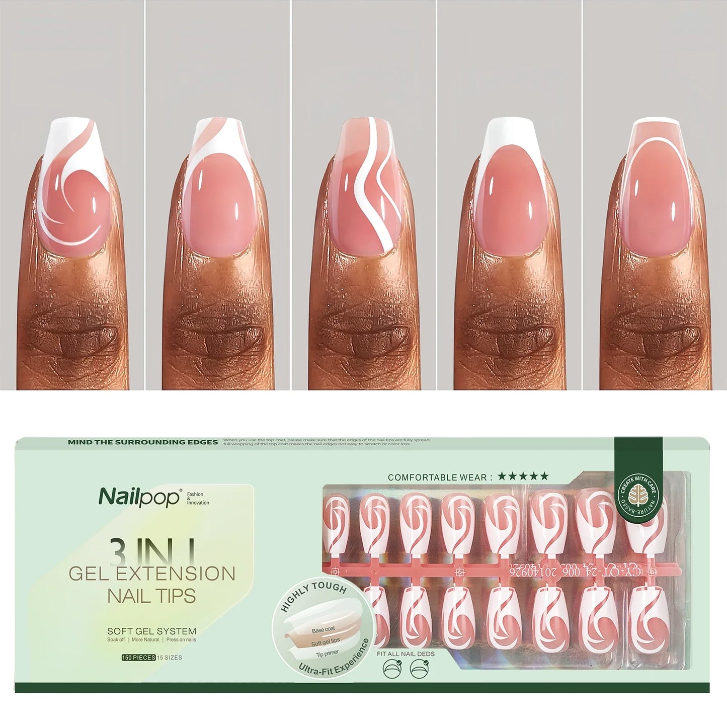 Nailpop 150Pcs French Gel Nail Tips Medium Almond Pre-Colored Press on Nails Skin Tones Soft Gel Nails False Nail Extensions
