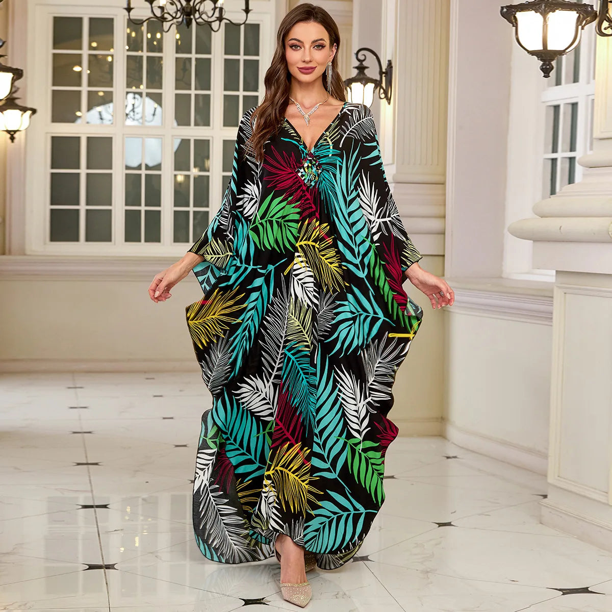 Kaftan-Kleider für Damen, Wellenhals-Badeanzug, Überwurf, Kaftan-Kleid, Übergröße, übergroßes langes Strandkleid