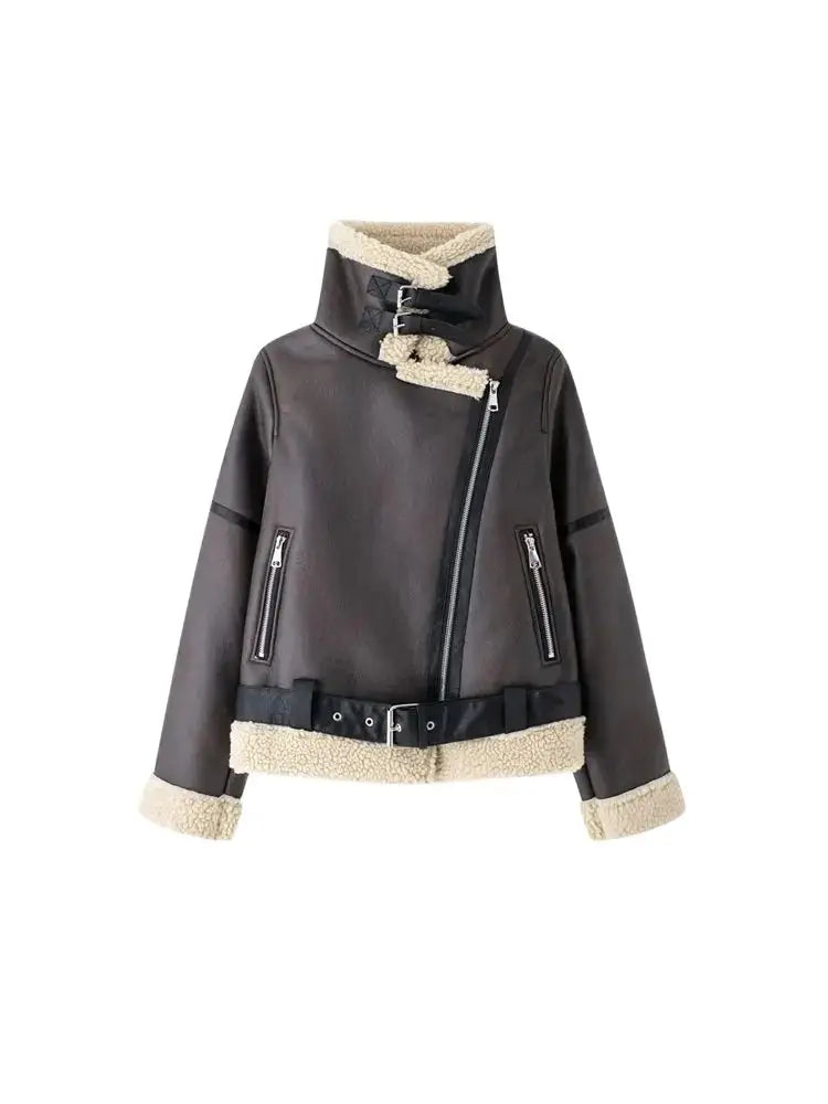 TRZA-Damen-Jacke aus dickem, warmem Wildleder mit Gürtel, langärmlige Mäntel, Kunstscheren, weibliche Oberbekleidung, schicke Oberteile, Wintermode