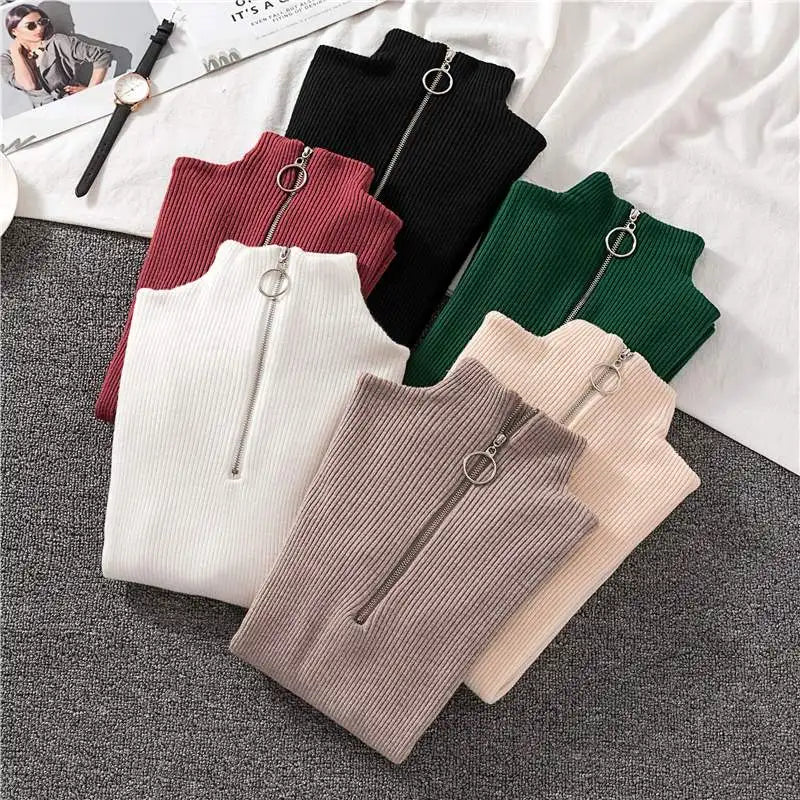Frauen Fashion Solid Strick Pullover Vintage Langarm Zip-up Grundlegende Hälfte Rollkragenpullover Weibliche Pullover Chic Casual Tops