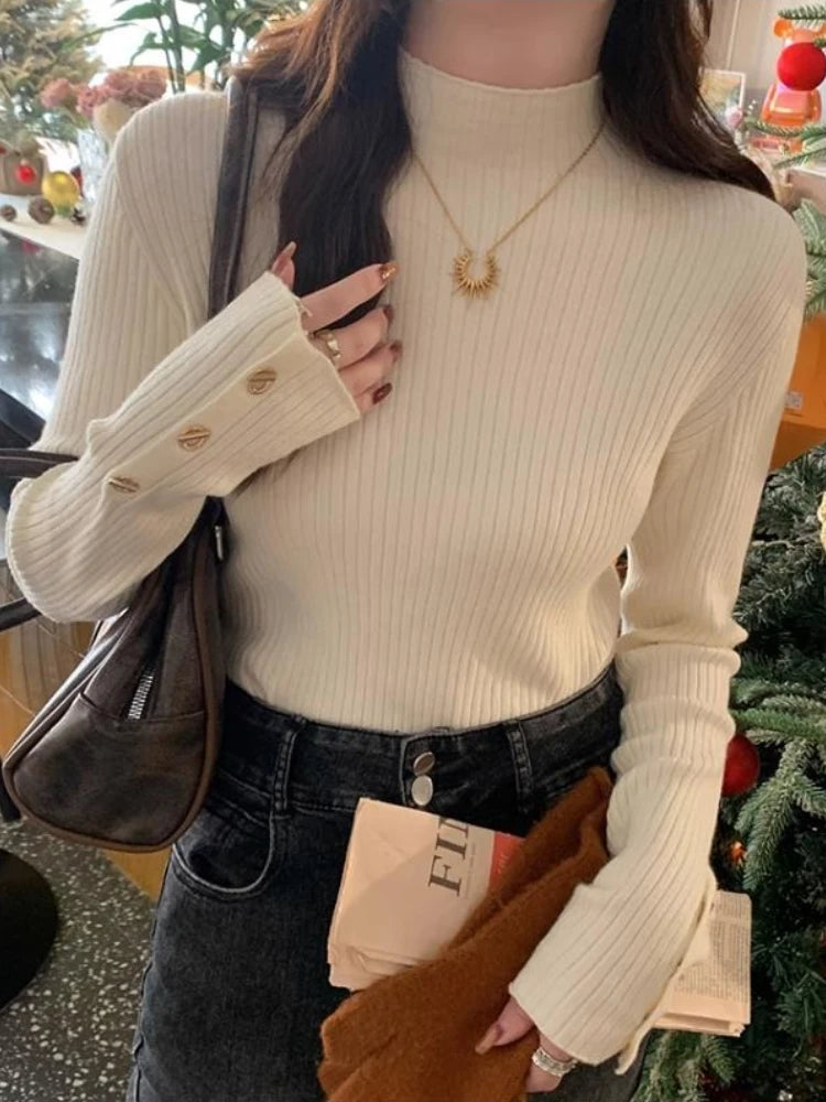 2025, weibliche Casual Tops Pullover Frauen Herbst Winter Gestrickte Dünne Pullover Feste Taste Volle Hülse Halb Hohen Kragen Pullover