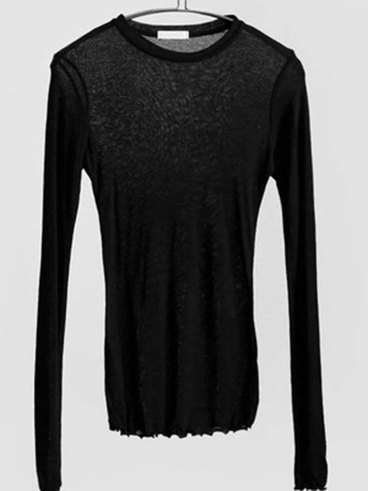 High Quality Plain T Shirt Women Elastic Basic T-shirts Female Casual Tops Long Sleeve Sexy Thin T-shirt see through.