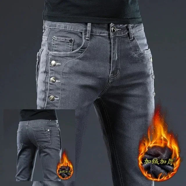 Winter Thick Plus Velvet Men Middle Waist Skinny Jeans Simple Fleece Warm Slim Fit Stretch Boy Casual Denim Pencil Pants