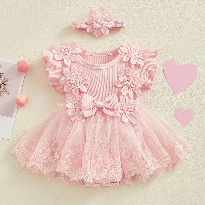 Visgogo Neugeborenen Baby Stram pler Kleid 2 Stück Outfits Mesh Spitze Patchwork Rüschen Bodysuit und Stirnband süße Sommerkleid ung