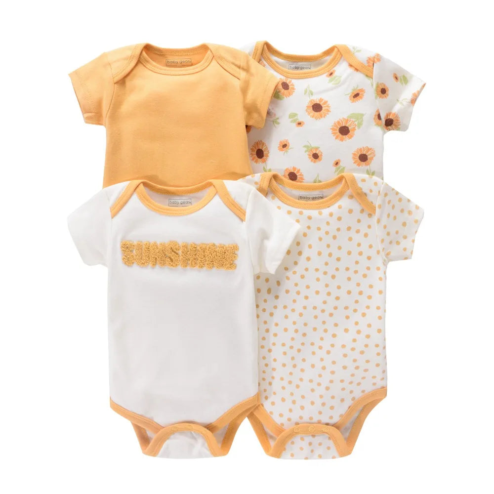 4PCS Neugeborenen Strampler Kurzarm Rundhals Cartoon Tier Blumen Drucken Body Onesies Für Baby Jungen Und Mädchen Kleidung