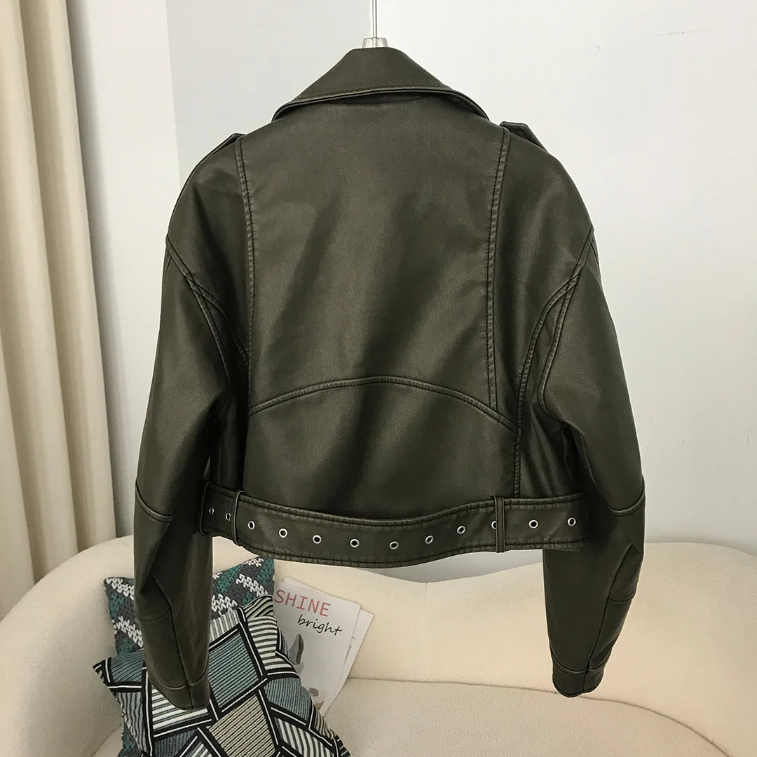 Neue Frühjahr Frau Faux Leder Jacke Chic Vintage Amerikanische straße tragen Kurze Revers Zipper Gürtel Biker Mäntel Mode Streetwear