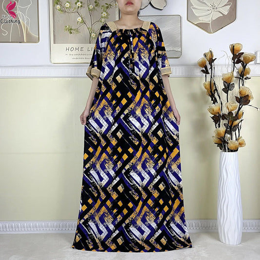 New Muslim Dubai Elegant Dress Summer Short Sleeve African Abaya Printing Cotton Loose Femme Robe Islamic Dresses With Scarf.