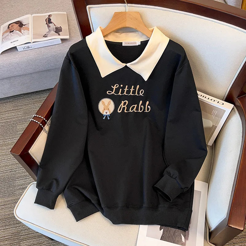 175kg plus size Damen büste Herbst lose Revers Sweatshirt Langarm lässig Top schwarz Aprikose 6xl 7xl 8xl 9xl 10xl 11xl