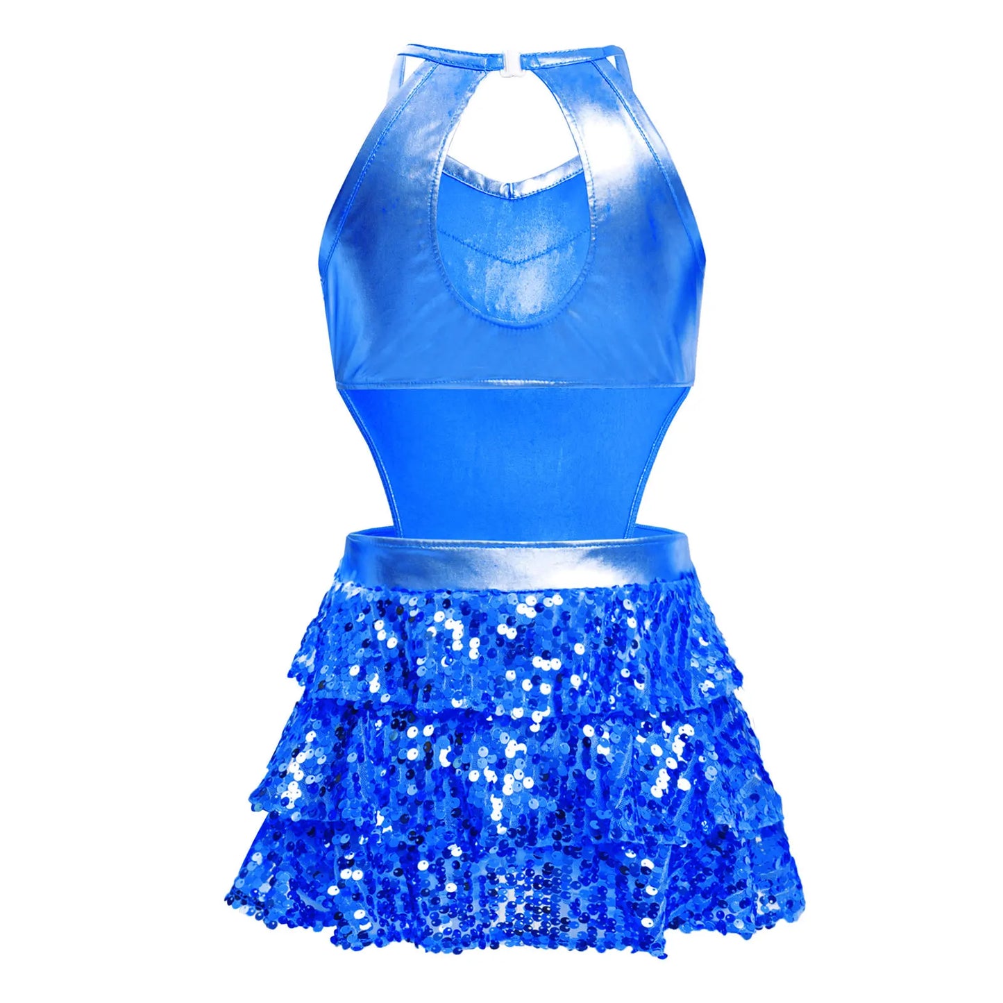 Kinder Mädchen Pailletten Jazz Ballett Tanzkleid Ärmellos Ausschnitt Tiered Rüschen Trikot Salsa Samba Rumba Skating Performance Kostüm