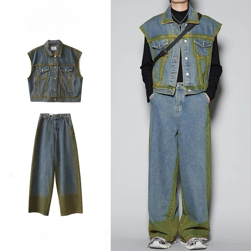 Denim Jacket T-shirts Pants Suits for Men No Logo Man Trousers Sets Luxury Summer Clothes Short Quarter Sleeve Outfits Tee Chic.