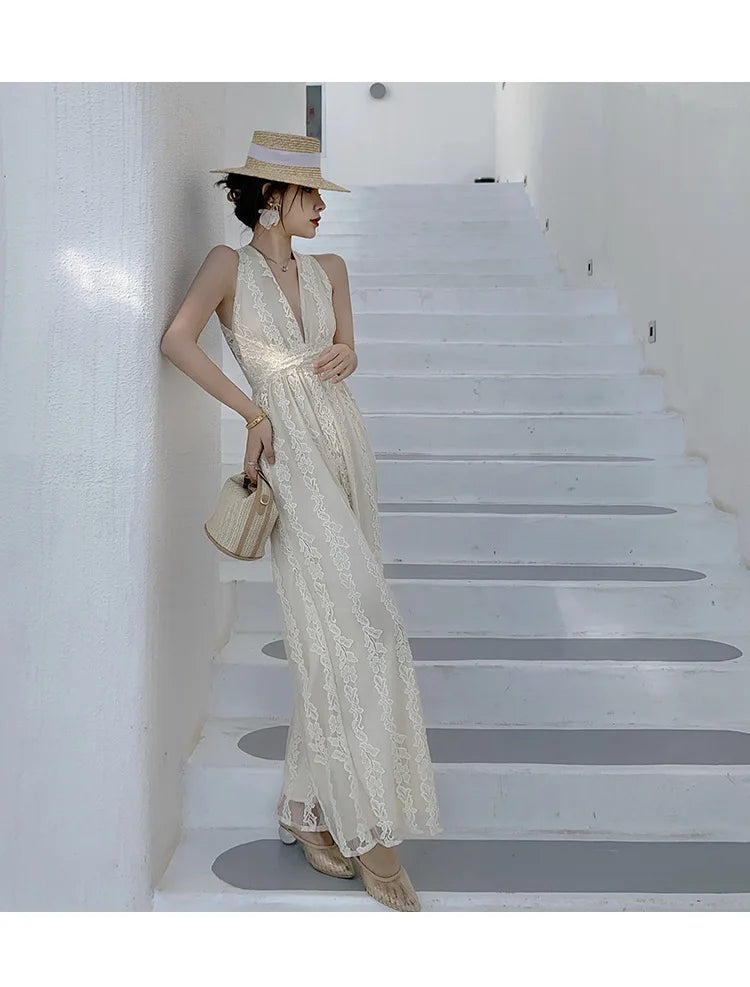 Women Beige Elegant Backless Pleated Lace Jumpsuit Summer V Neck Sleeveless High Waist Wide Leg Long Pant Rompers Sexy Club Chic.