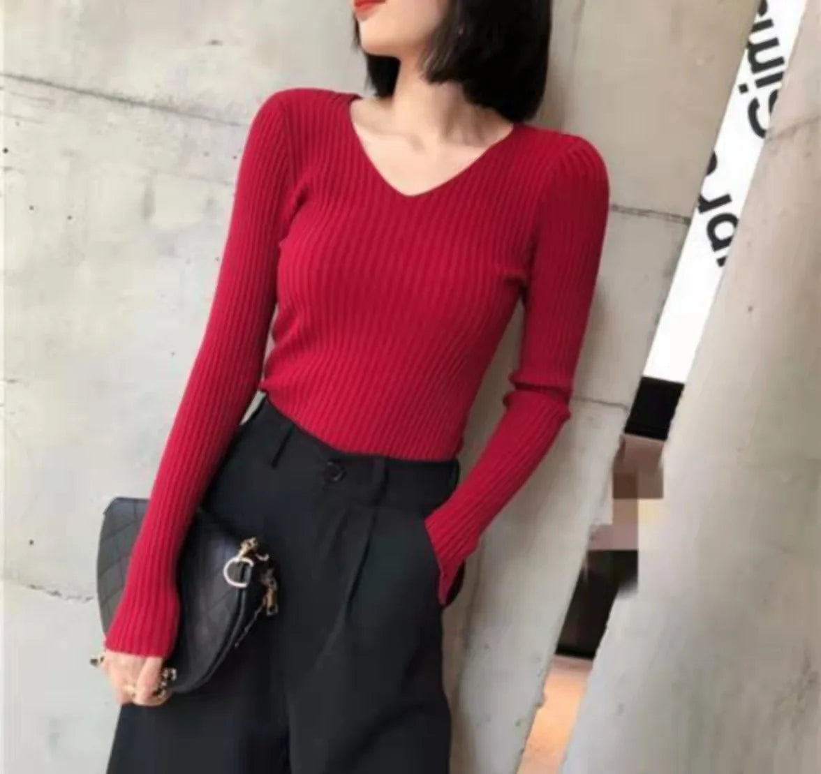 2025 einfarbig Schlank Pullover Koreanische Herbst Winter V-ausschnitt Pullover Mode Lässig Langarm Gestrickte Pullover Frauen Kleidung